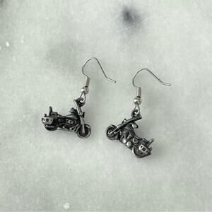Vintage | 1960s Cast Metal Motorcycle Earrings Silver Tone Black Detailed Rider